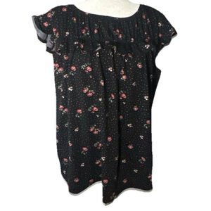 LuLaRoe 2XL Top Blouse Black Polka Dot Red Floral Ruffle Neckline Plus Size 2X